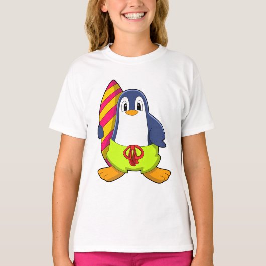 Pinguïn als Surfer met surfboard T-shirt (Voorkant)