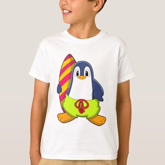 Pinguïn als Surfer met surfboard T-shirt (Voorkant)