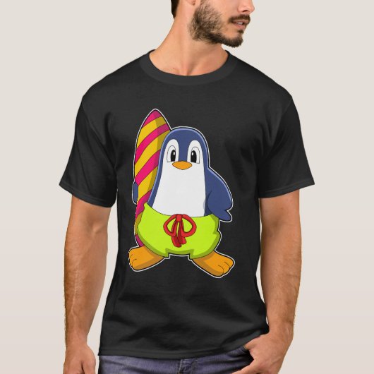 Pinguïn als Surfer met surfboard T-shirt (Voorkant)