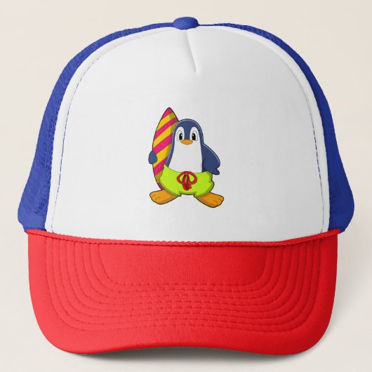 Pinguïn als Surfer met surfboard Trucker Pet (Voorkant)