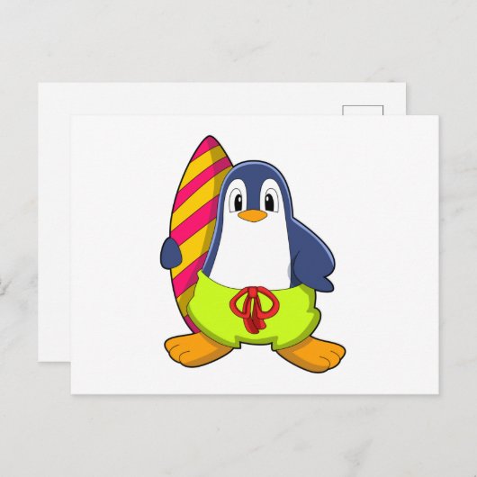 Pinguïn als surfer met surfplank briefkaart (Voorkant / Achterkant)