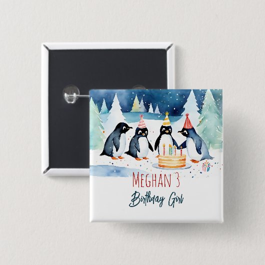 Pinguïn arctische winter verjaardagsfeestje vierkante button 5,1 cm (Voorkant /achterkant)