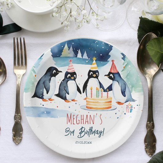 Pinguïn arctische winterverjaardag sjabloon papieren bordje