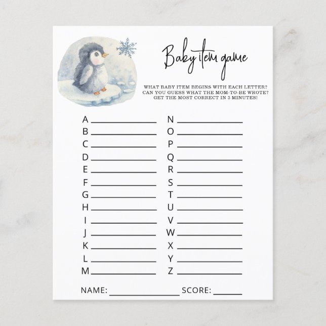 Pinguïn - Baby Artikel Spel. Baby Shower Spel (Voorkant)