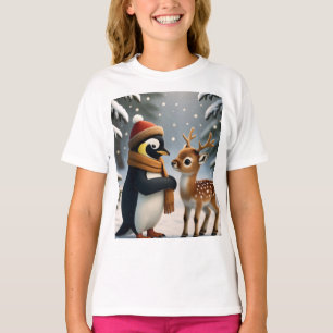 Pinguïn&Baby Rendier Winter Fantasie Strip T-shirt