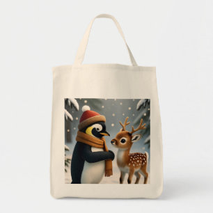 Pinguïn&Baby Rendier Winter Fantasie Strip Tote Bag