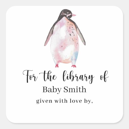 Pinguïn - Baby Shower Bibliotheek Vierkante Sticker (Voorkant)