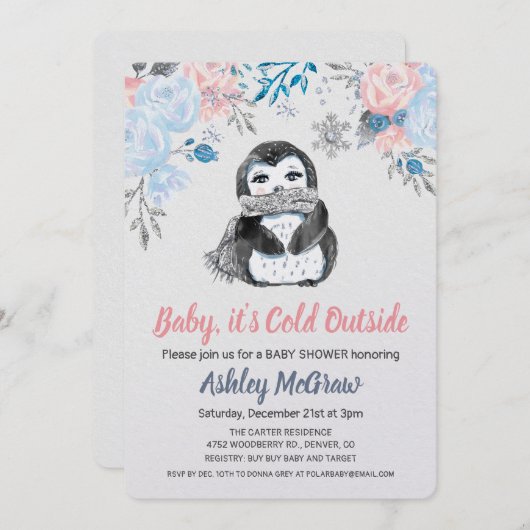 Pinguïn Baby shower Bloemenuitnodiging Kaart (Voorkant / Achterkant)
