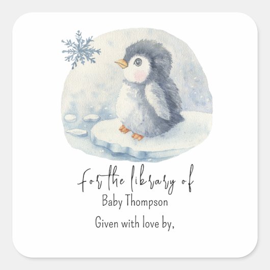 Pinguïn - baby shower ex-libris vierkante sticker (Voorkant)