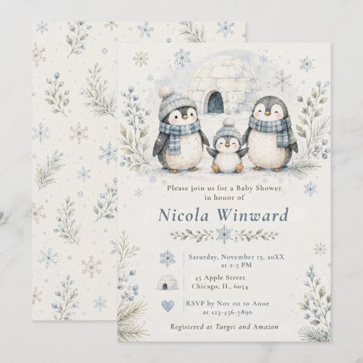 Pinguïn Baby Shower Kaart (Voorkant / Achterkant)