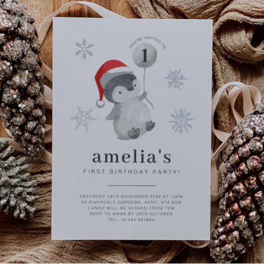 Pinguïn Ballon 1e Verjaardag Kaart