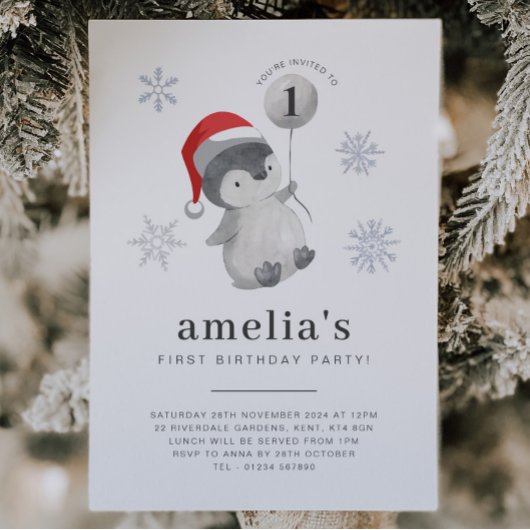 Pinguïn Ballon 1e Verjaardag Kaart