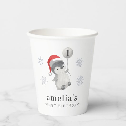 Pinguïn Ballon 1e Verjaardag Papieren Bekers (Voorkant)