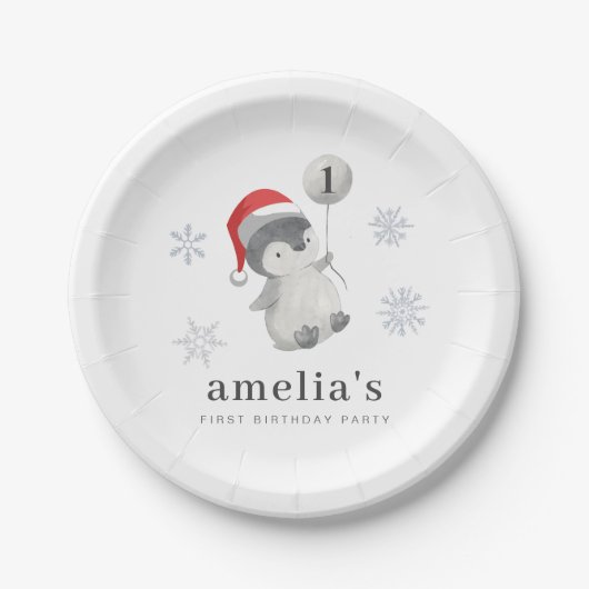 Pinguïn Ballon 1e Verjaardag Papieren Bordje (Voorkant)