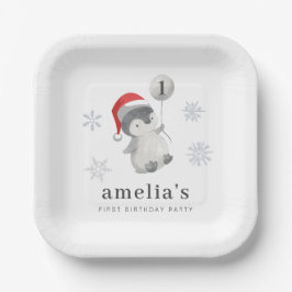 Pinguïn Ballon 1e Verjaardag Papieren Bordje
