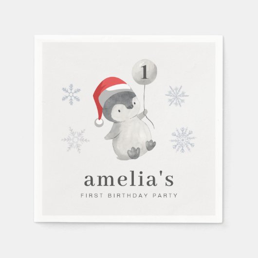 Pinguïn Ballon 1e Verjaardag Servet (Voorkant)