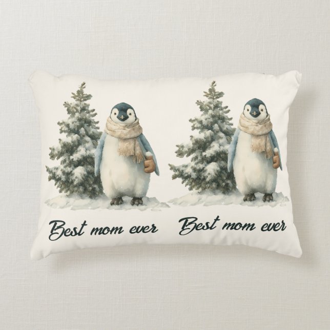 Pinguïn “Beste Moeder Ooit” Winterontwerp Accent Kussen (Voorkant)