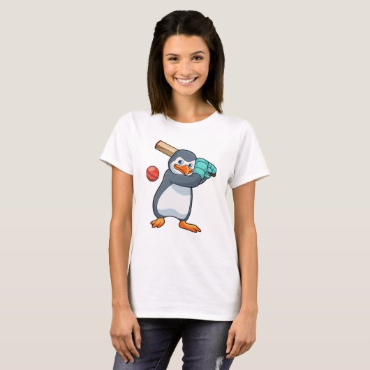 Pinguïn bij Cricket met cricket bat T-shirt (Voorkant volledig)