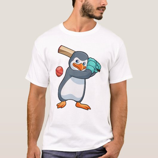 Pinguïn bij Cricket met cricket bat T-shirt (Voorkant)
