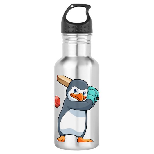 Pinguïn bij Cricket met cricket bat Waterfles (Voorkant)