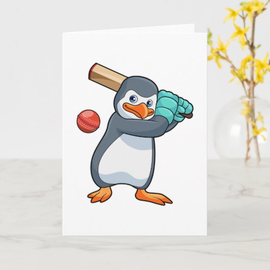 Pinguïn bij Cricket met cricketbat Kaart (Gele Bloem)