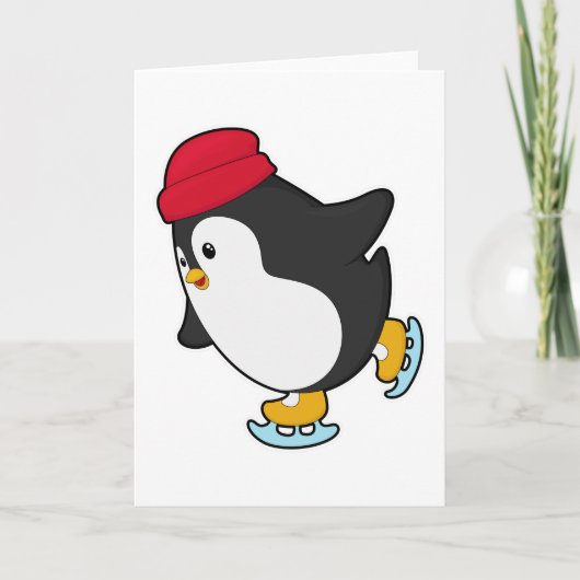 Pinguïn bij het schaatsen met hoed kaart (Voorkant)