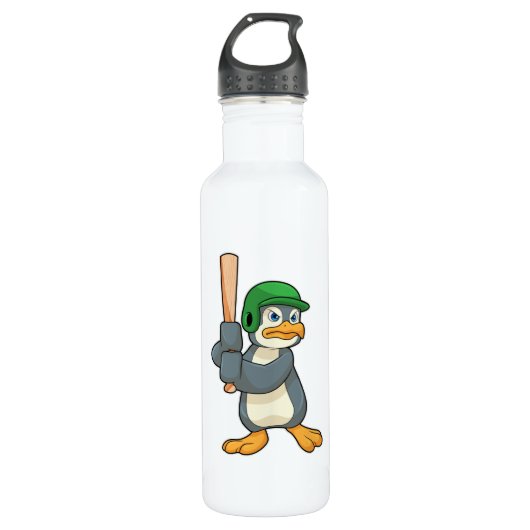 Pinguïn bij honkbal met honkbalknuppel en helm waterfles  (Voorkant)