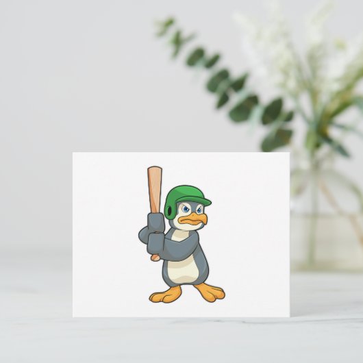 Pinguïn bij honkbal met honknuppel & helm briefkaart (Staand voorkant)