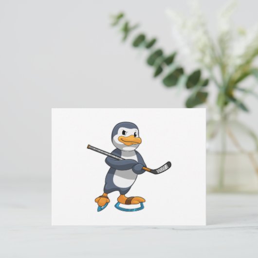 Pinguïn bij ijshockey met ijshockeystick briefkaart (Staand voorkant)