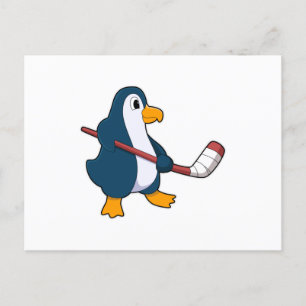 Pinguïn bij ijshockey met ijshockeystick briefkaart
