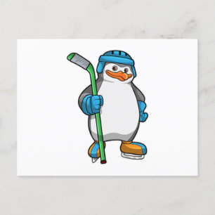 Pinguïn bij ijshockey met ijshockeystick briefkaart