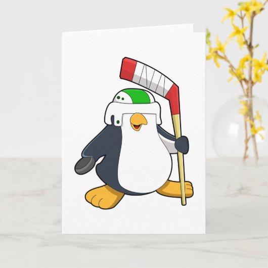 Pinguïn bij ijshockey met ijshockeystick kaart (Gele Bloem)