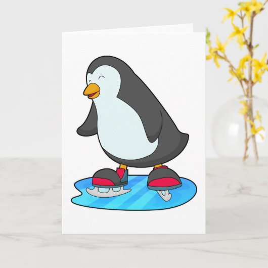 Pinguïn bij ijsschaatsen met ijsschaatsen kaart (Gele Bloem)