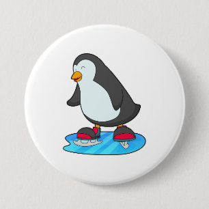 Pinguïn bij ijsschaatsen met ijsschaatsen ronde button 7,6 cm