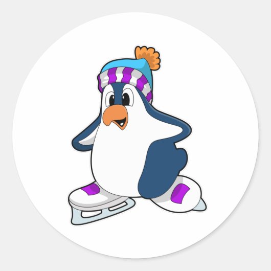 Pinguïn bij ijsschaatsen met ijsschaatsen ronde sticker (Voorkant)