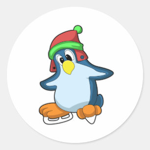 Pinguïn bij ijsschaatsen met ijsschaatsen ronde sticker