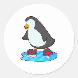 Pinguïn bij ijsschaatsen met ijsschaatsen ronde sticker