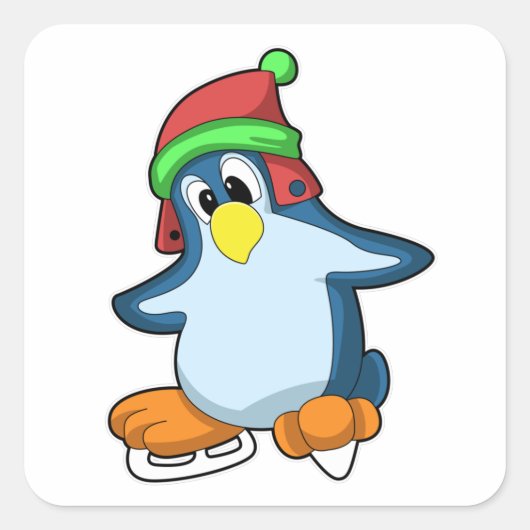 Pinguïn bij ijsschaatsen met ijsschaatsen vierkante sticker (Voorkant)