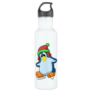 Pinguïn bij ijsschaatsen met ijsschaatsen waterfles