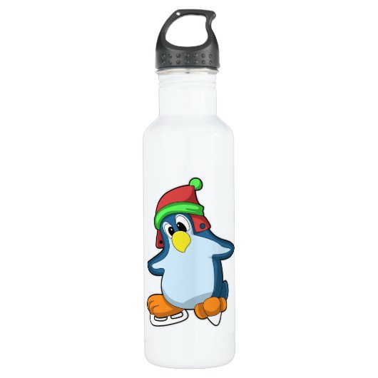 Pinguïn bij ijsschaatsen met ijsschaatsen waterfles  (Voorkant)