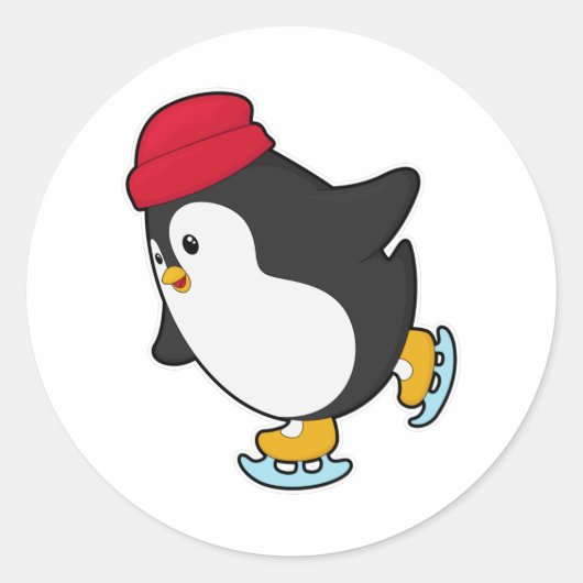 Pinguïn bij ijsschaatsen met Pet Ronde Sticker (Voorkant)