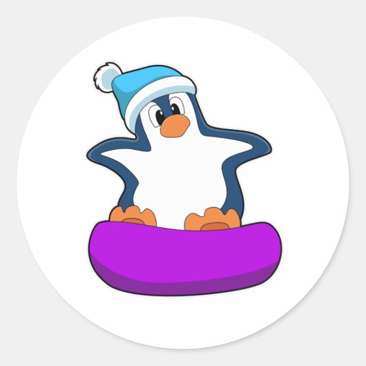 Pinguïn bij Snowboarding met Snowboard Ronde Sticker (Voorkant)