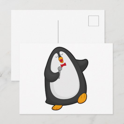 Pinguïn bij zingen met microfoon en stropdas briefkaart (Voorkant / Achterkant)