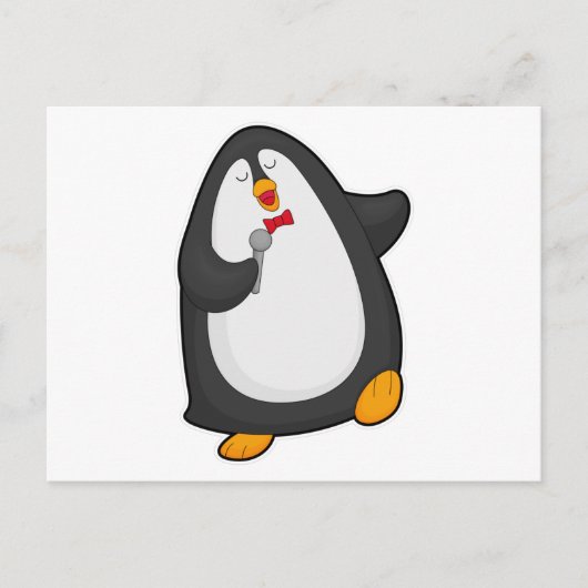 Pinguïn bij zingen met microfoon en stropdas briefkaart (Voorkant)