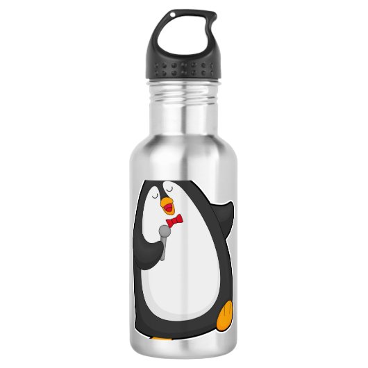 Pinguïn bij Zingen met microfoon en Stropdas Waterfles (Voorkant)