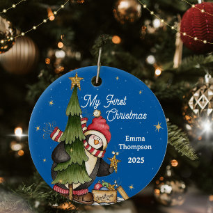 Pinguïn Blauwe Achtergrond Baby's Eerste Kerstmis Keramisch Ornament