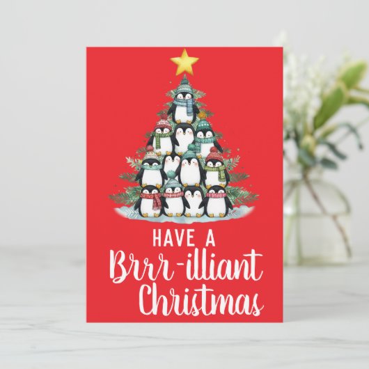 Pinguïn briljante kerstboom feestdagenkaart (Staand voorkant)