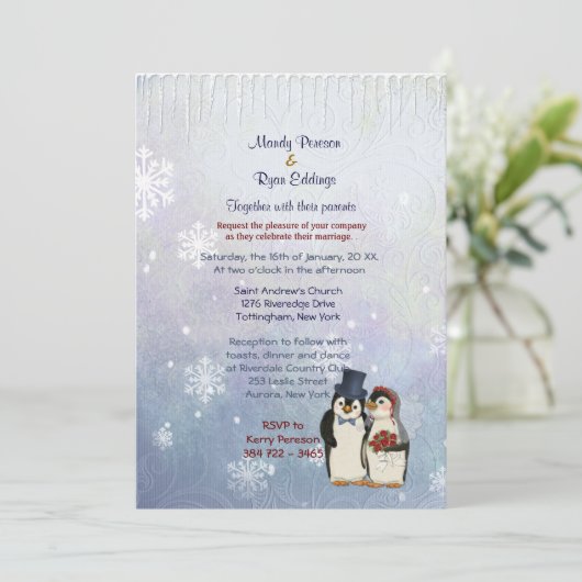 Pinguïn bruid en bruidegom bruiloft uitnodiging (Staand voorkant)
