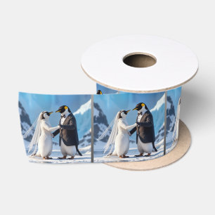 Pinguïn Bruid en Bruidegom Dansen Op Ijs Satijnen Lint