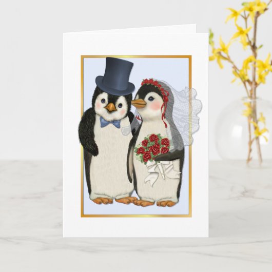 Pinguïn Bruiloft- Geen Tekst Kaart (Gele Bloem)